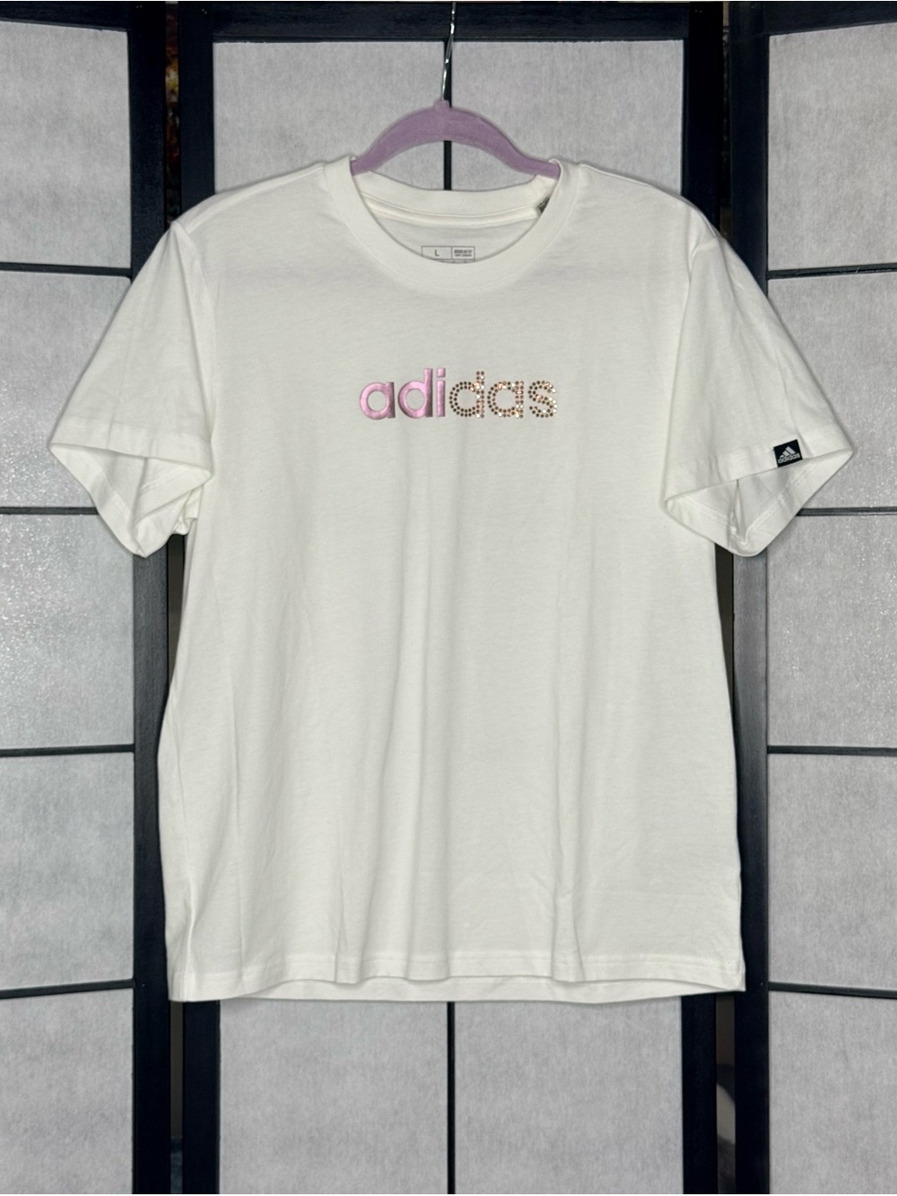 Adidas Women’s Rhinestone Logo T-Shirt White Pink Gold Short Sleeve Size Large
